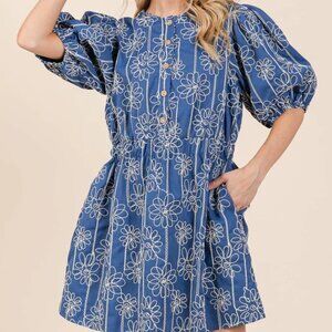 Lovelo Floral Mini Dress Medium Blue Puff Sleeve Boho Button Front Lined NWT